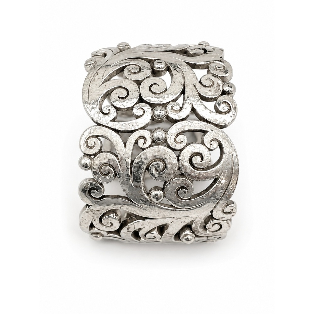 Brighton Vintage Wide Silver Tone Hinged Scroll Cuff Bracelet Signed Statement